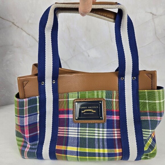 Tommy Hilfiger Plaid Double Handle Satchel Bag w/ Wristlet Faux Leather - Picture 1 of 16
